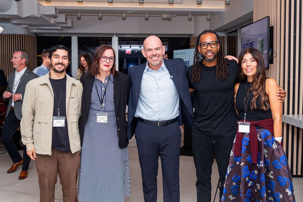 John Duffield with the evening’s panellists and Janet Gomez, together after the conversation.